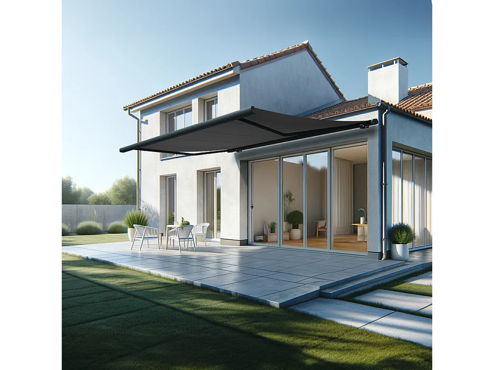 Store banne coffre MEEL 5,00x3,50m (Motorisé Secours à Télécommande + LED - Gris Graphite - Gris anthracite)