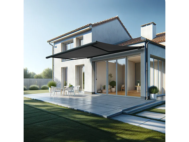 Store banne coffre MEEL 5,00x3,50m (Motorisé Secours à Télécommande + LED - Gris Graphite - Gris anthracite)