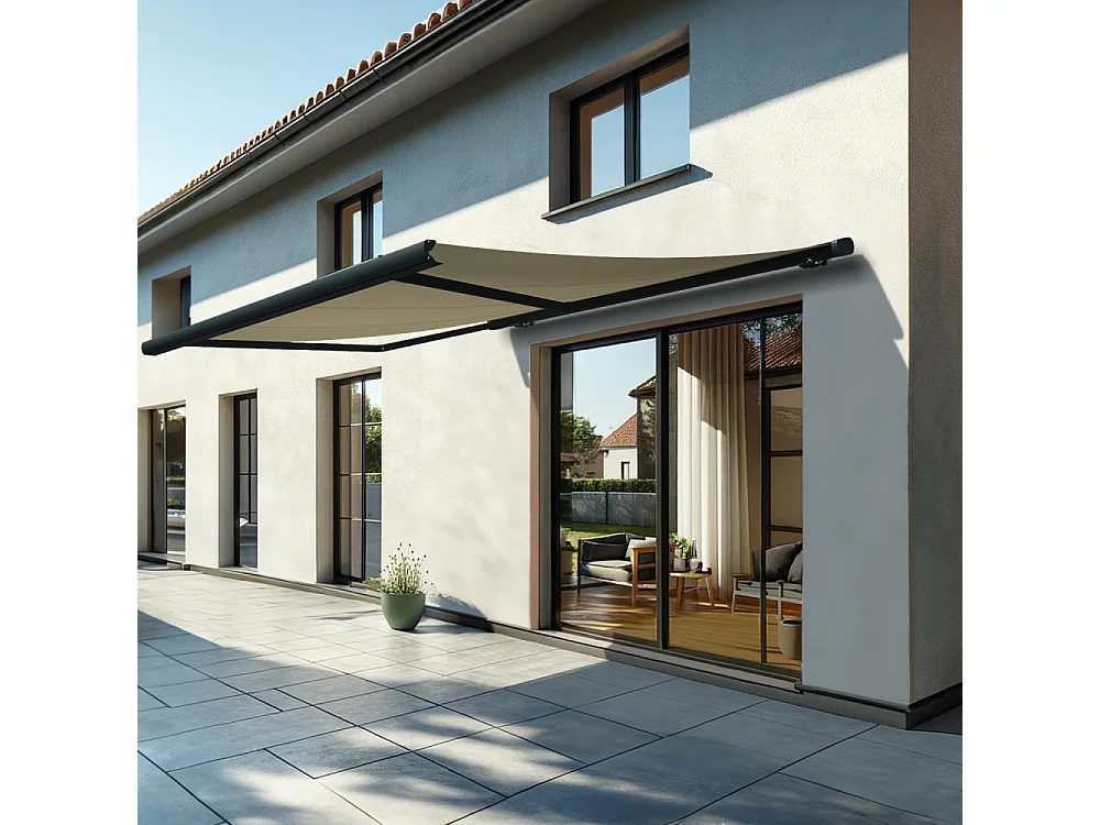 Store banne coffre MEEL 4,00x3,50m (Manuelle - Ecru - Gris anthracite)