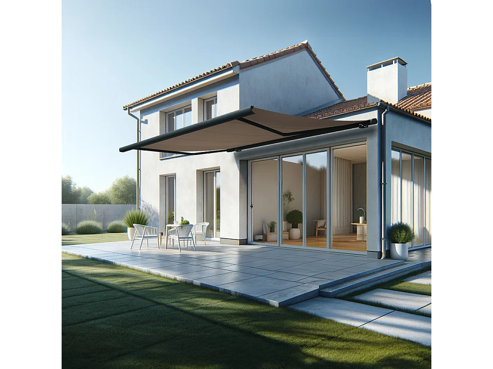 Store banne coffre MEEL 5,00x3,50m (Motorisé Secours à Télécommande + LED - Taupe - Gris anthracite)