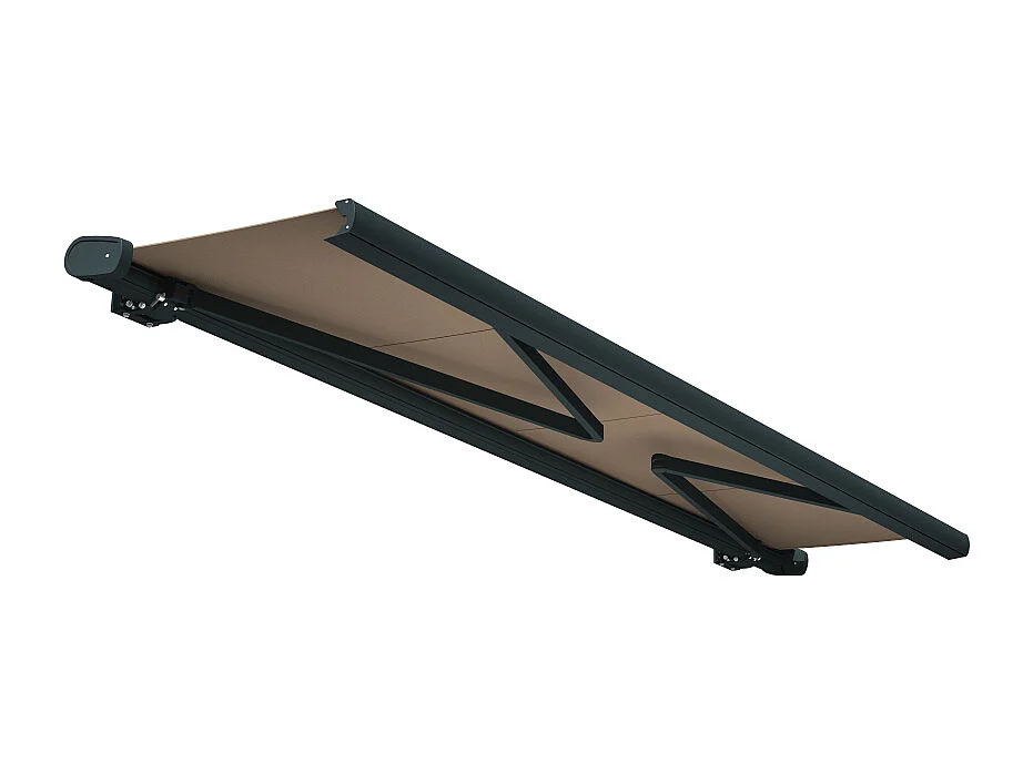 Store banne coffre MEEL 5,00x3,50m (Motorisé Secours à Télécommande + LED - Taupe - Gris anthracite)