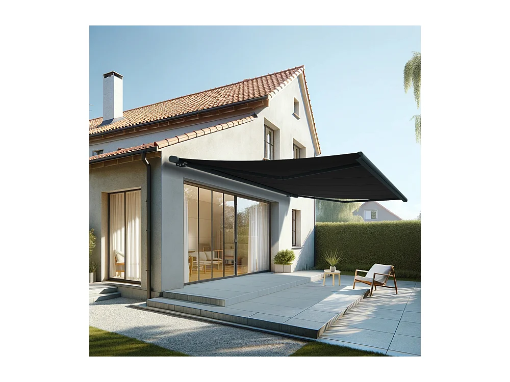 Store banne coffre MEEL 6,00x3,50m (Motorisé à interrupteur + manœuvre de secours - Noir - Gris anthracite)