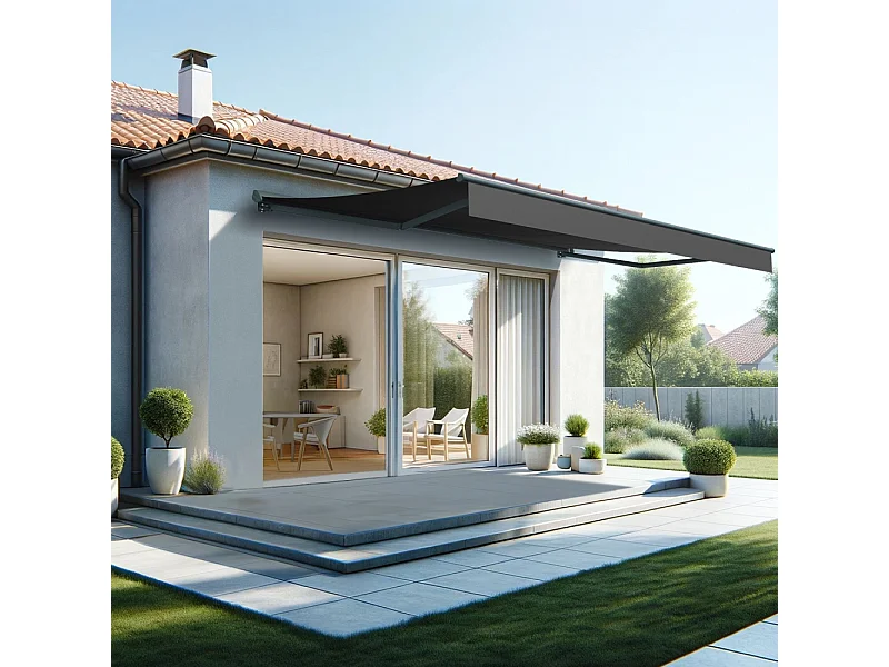 Store banne semi-coffre SARARI 5,00x3,00m (Manuelle - Noir - Gris anthracite)