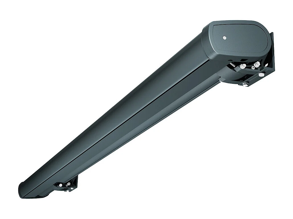 Store banne coffre MEEL 4,00x3,50m (Motorisé Secours à Télécommande + LED - Noir - Gris anthracite)