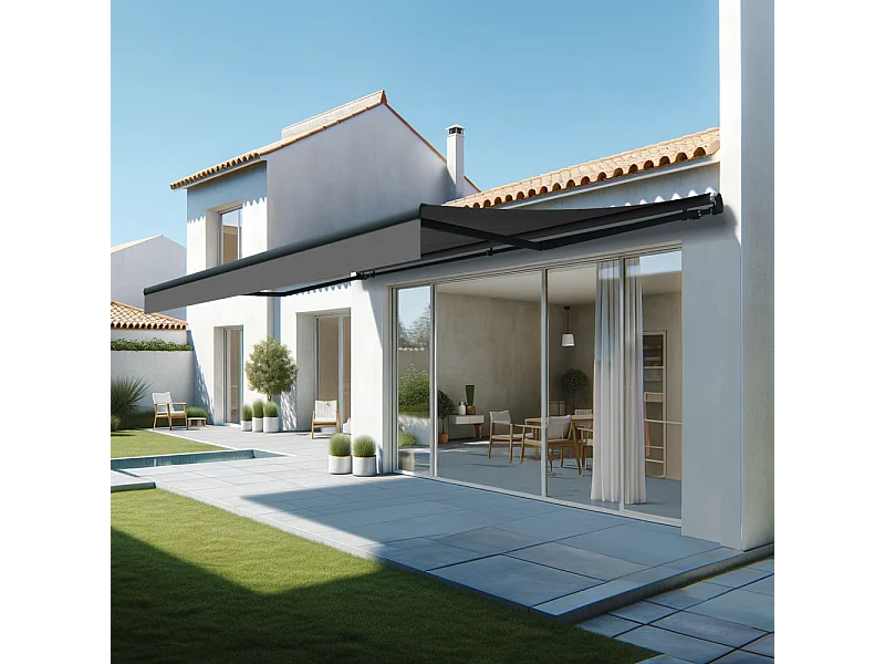 Store banne monobloc ESPAI 6,00x3,00m (Motorisé à interrupteur + manœuvre de secours - Gris Graphite - Gris anthracite)