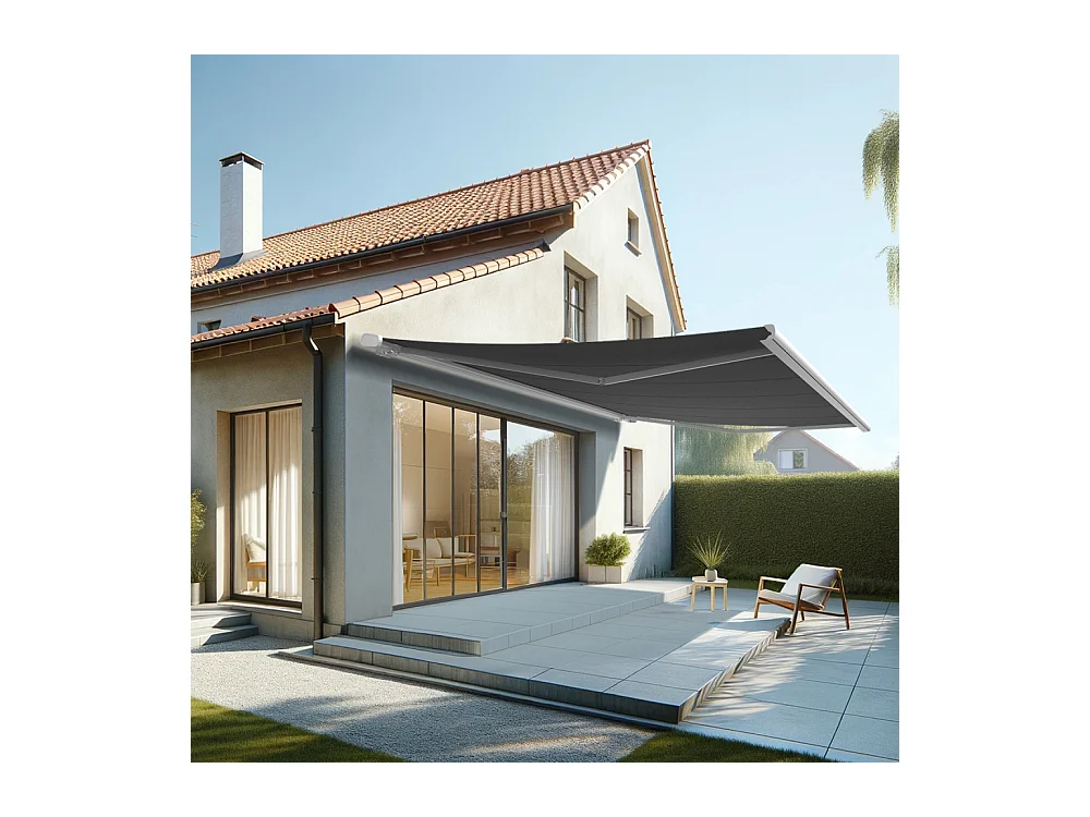 Store banne coffre MEEL 6,00x3,50m (Motorisé Secours à Télécommande + LED - Gris Graphite - Blanc)