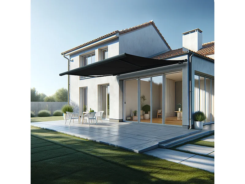 Store banne coffre MEEL 5,00x3,50m (Motorisé à interrupteur + manœuvre de secours - Noir - Gris anthracite)