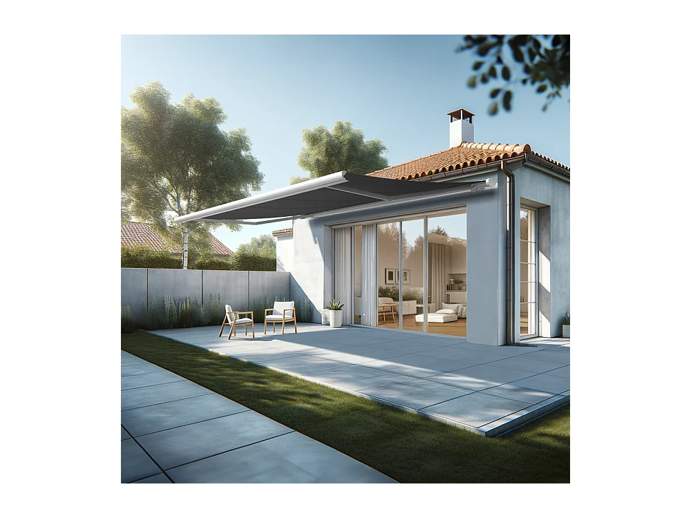 Store banne coffre MEEL 5,00x3,00m (Motorisé Secours à Télécommande + LED - Gris Graphite - Blanc)