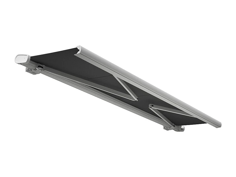 Store banne coffre MEEL 5,00x3,00m (Motorisé Secours à Télécommande + LED - Gris Graphite - Blanc)