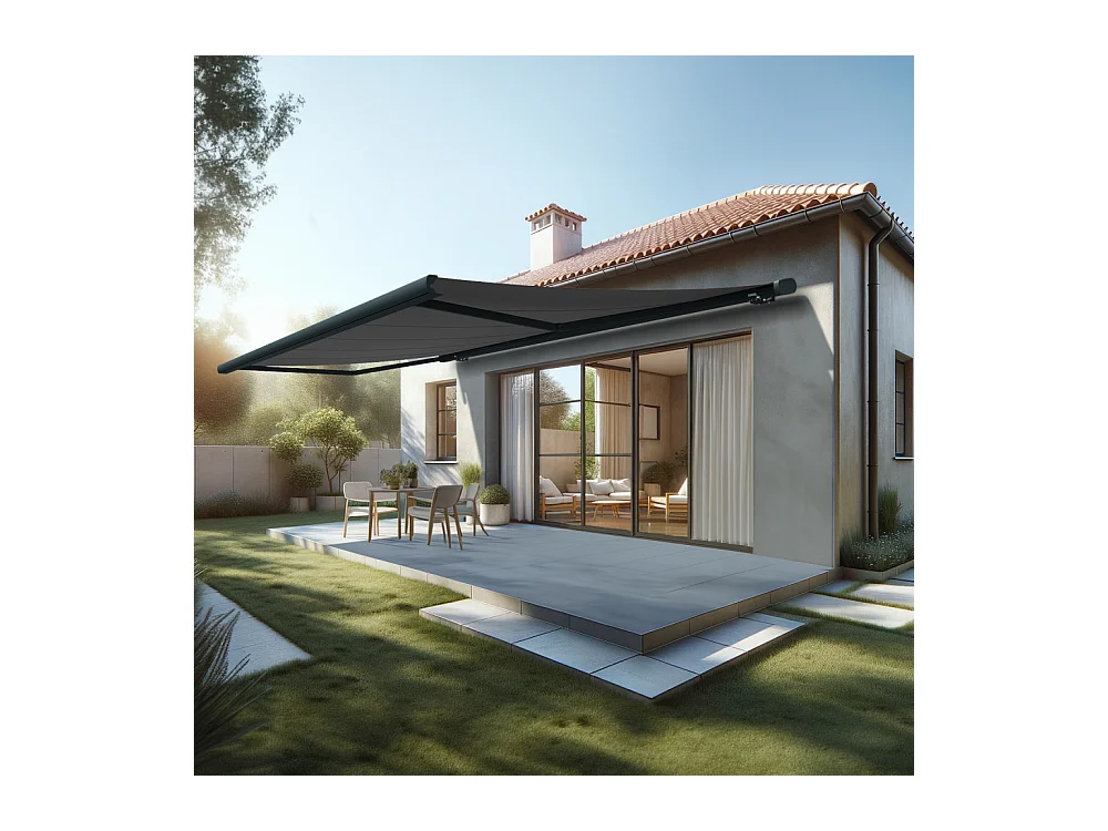 Store banne coffre MEEL 6,00x3,00m (Motorisé à télécommande + manœuvre de secours - Gris Graphite - Gris anthracite)