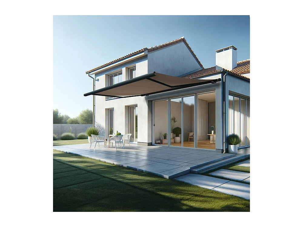 Store banne coffre MEEL 5,00x3,50m (Motorisé à télécommande + manœuvre de secours - Taupe - Gris anthracite)