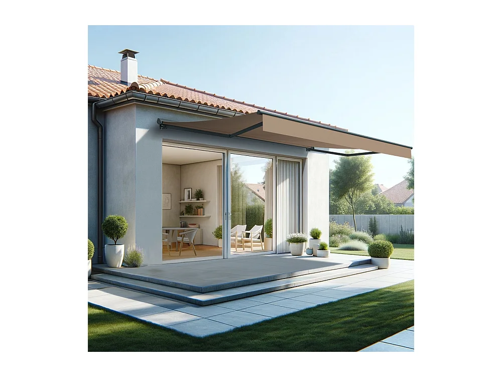 Store banne semi-coffre SARARI 5,00x3,00m (Motorisé à télécommande + manœuvre de secours - Taupe - Gris anthracite)