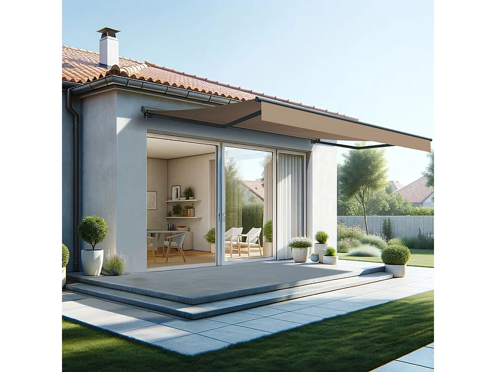 Store banne semi-coffre SARARI 5,00x3,00m (Motorisé à télécommande + manœuvre de secours - Taupe - Gris anthracite)