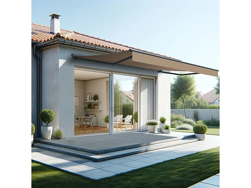 Store banne semi-coffre SARARI 5,00x3,00m (Motorisé à télécommande + manœuvre de secours - Taupe - Gris anthracite)