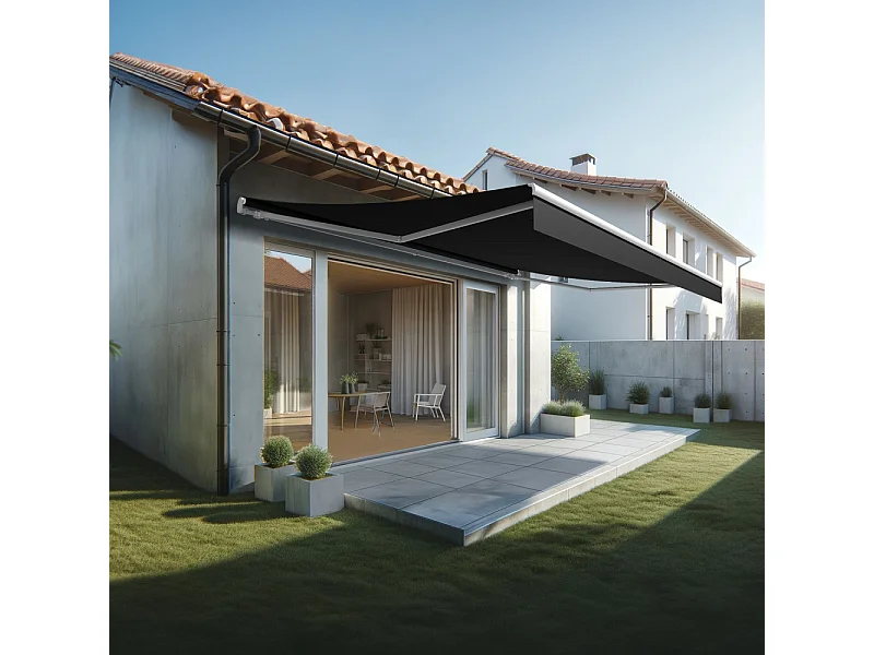 Store banne monobloc ESPAI 6,00x3,50m (Motorisé à télécommande + manœuvre de secours - Noir - Blanc)