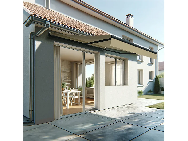 Store banne monobloc ESPAI 4,00x3,00m (Motorisé à interrupteur + manœuvre de secours - Ecru - Gris anthracite)