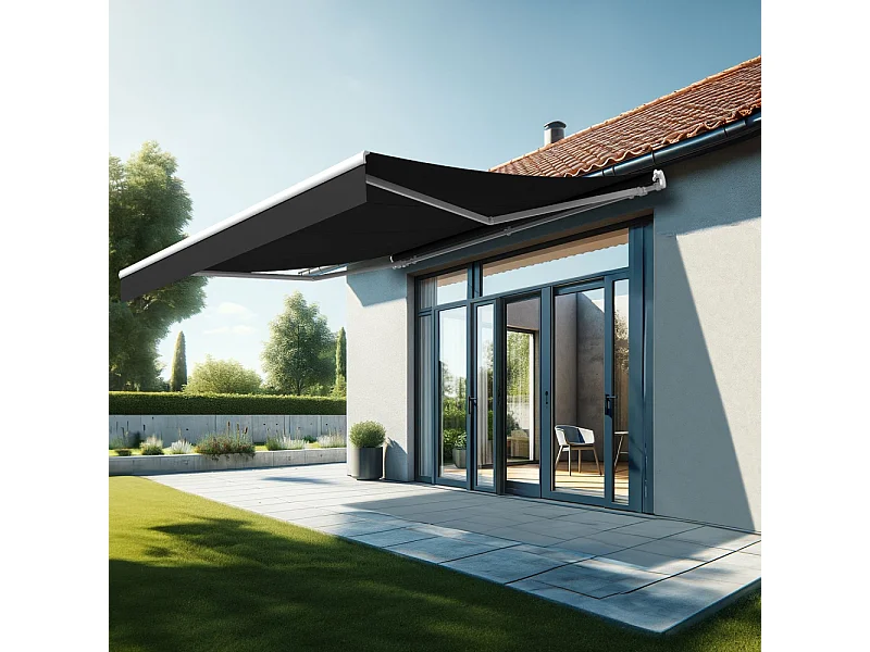 Store banne monobloc ESPAI 4,00x3,50m (Motorisé à interrupteur + manœuvre de secours - Noir - Blanc)