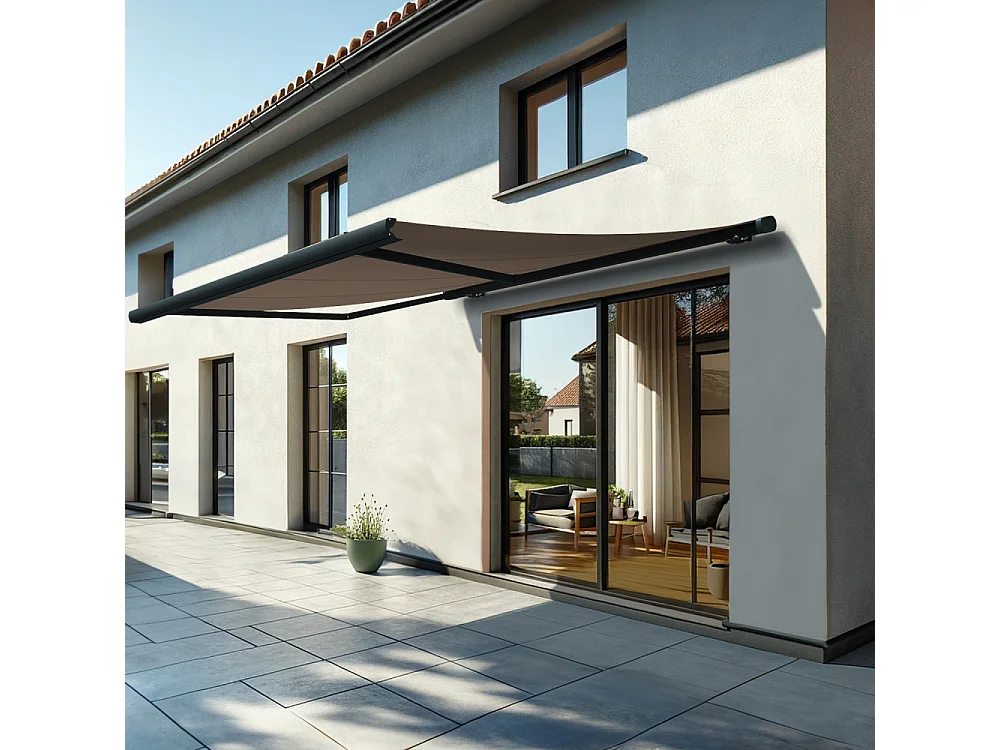 Store banne coffre MEEL 4,00x3,50m (Motorisé à télécommande + manœuvre de secours - Taupe - Gris anthracite)