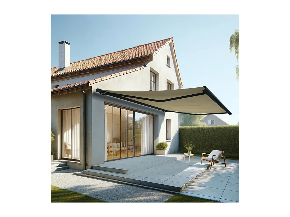 Store banne coffre MEEL 6,00x3,50m (Motorisé à interrupteur + manœuvre de secours - Ecru - Gris anthracite)