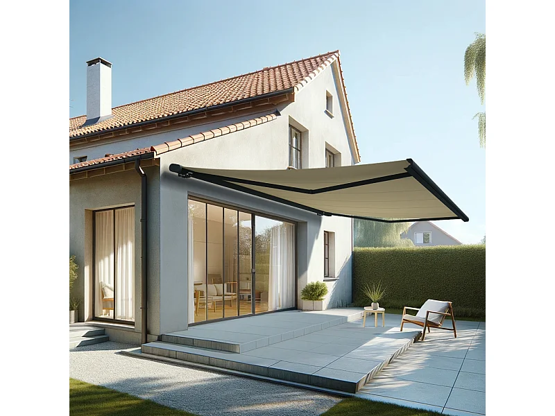 Store banne coffre MEEL 6,00x3,50m (Motorisé à interrupteur + manœuvre de secours - Ecru - Gris anthracite)