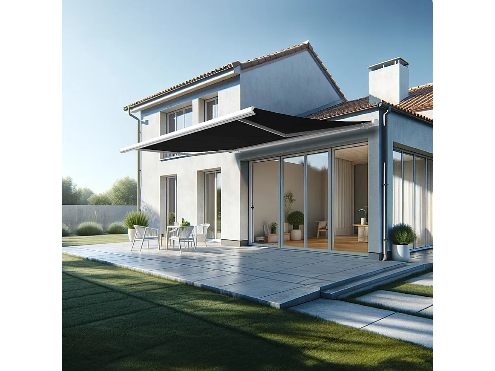 Store banne coffre MEEL 5,00x3,50m (Manuelle - Noir - Blanc)