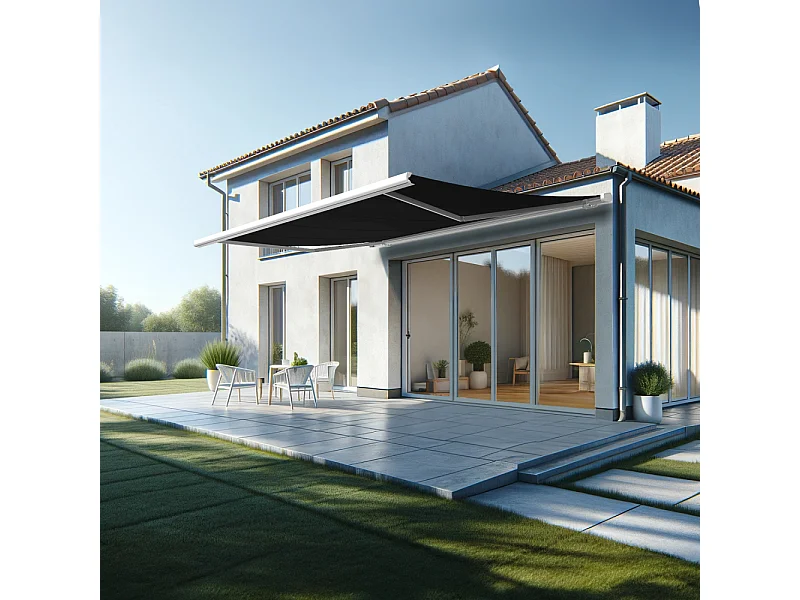 Store banne coffre MEEL 5,00x3,50m (Manuelle - Noir - Blanc)