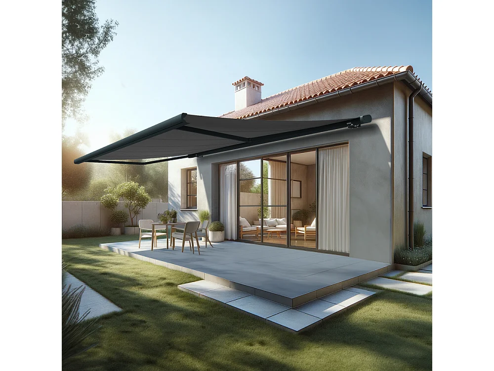 Store banne coffre MEEL 6,00x3,00m (Motorisé à interrupteur + manœuvre de secours - Gris Graphite - Gris anthracite)