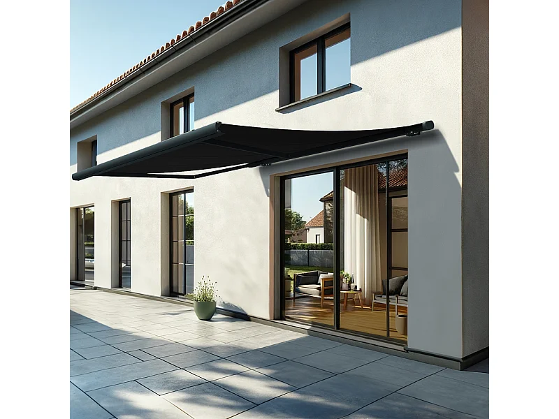 Store banne coffre MEEL 4,00x3,50m (Motorisé à interrupteur + manœuvre de secours - Noir - Gris anthracite)