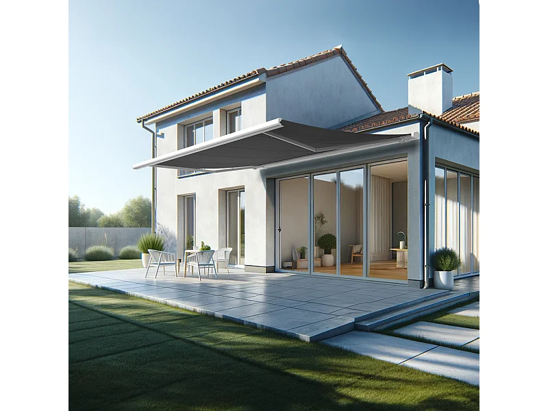 Store banne coffre MEEL 5,00x3,50m (Motorisé Secours à Télécommande + LED - Gris Graphite - Blanc)