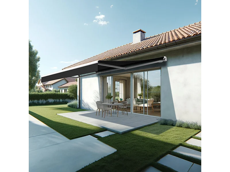 Store banne monobloc ESPAI 5,00x3,00m (Motorisé à télécommande + manœuvre de secours - Noir - Blanc)