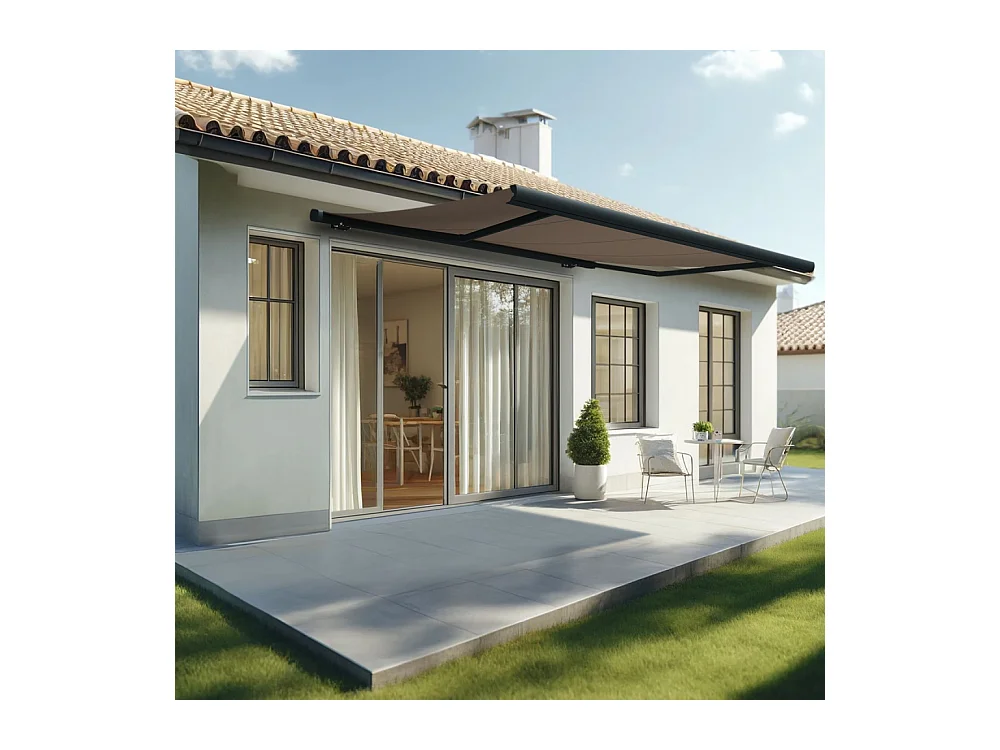 Store banne coffre MEEL 4,00x3,00m (Motorisé à interrupteur + manœuvre de secours - Taupe - Gris anthracite)