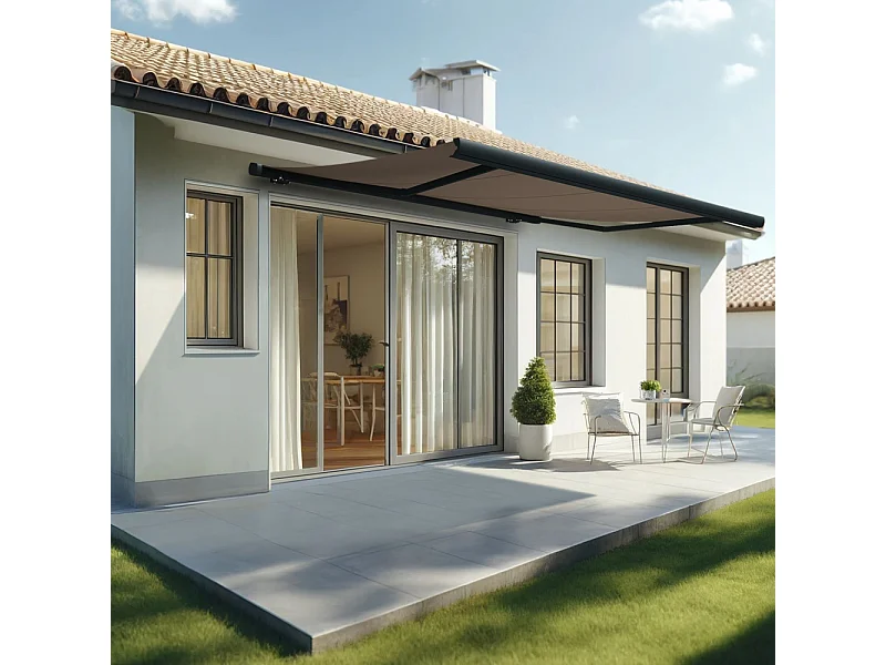 Store banne coffre MEEL 4,00x3,00m (Motorisé à interrupteur + manœuvre de secours - Taupe - Gris anthracite)