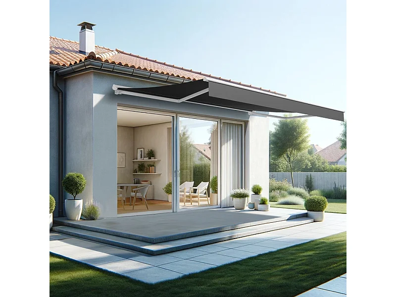 Store banne semi-coffre SARARI 5,00x3,00m (Manuelle - Noir - Blanc)