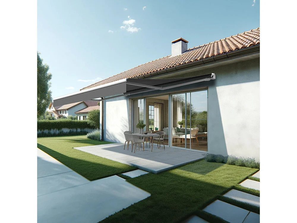 Store banne monobloc ESPAI 5,00x3,00m (Motorisé à interrupteur + manœuvre de secours - Gris Graphite - Blanc)