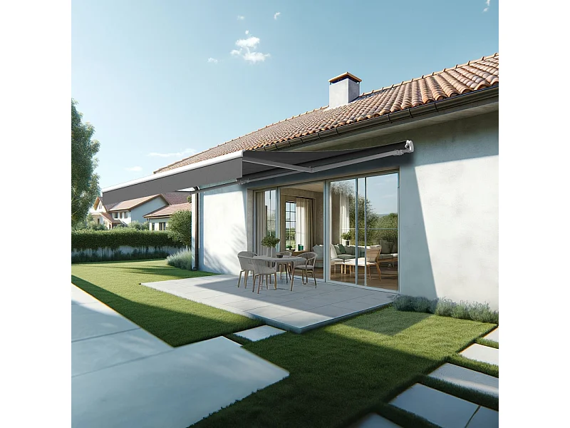 Store banne monobloc ESPAI 5,00x3,00m (Motorisé à interrupteur + manœuvre de secours - Gris Graphite - Blanc)