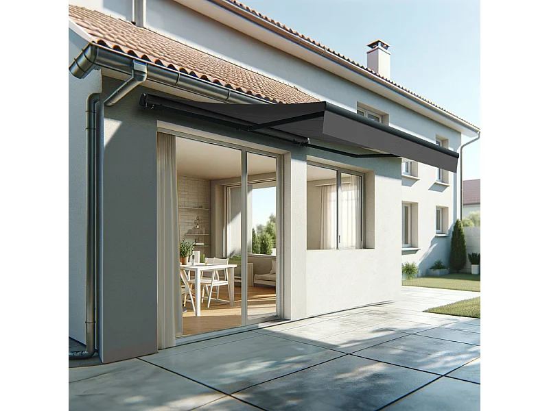 Store banne monobloc ESPAI 4,00x3,00m (Motorisé à interrupteur + manœuvre de secours - Gris Graphite - Gris anthracite)