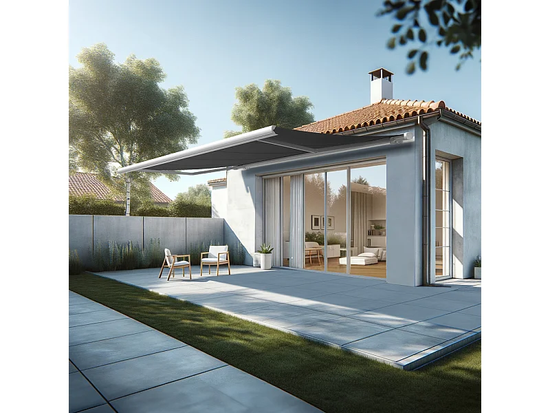 Store banne coffre MEEL 5,00x3,00m (Motorisé à télécommande + manœuvre de secours - Gris Graphite - Blanc)