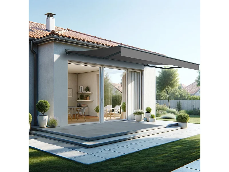 Store banne semi-coffre SARARI 5,00x3,00m (Motorisé à télécommande + manœuvre de secours - Gris Graphite - Gris anthracite)