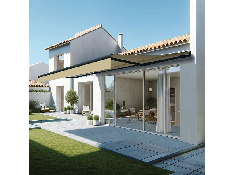 Store banne monobloc ESPAI 6,00x3,00m (Motorisé à télécommande + manœuvre de secours - Ecru - Gris anthracite)