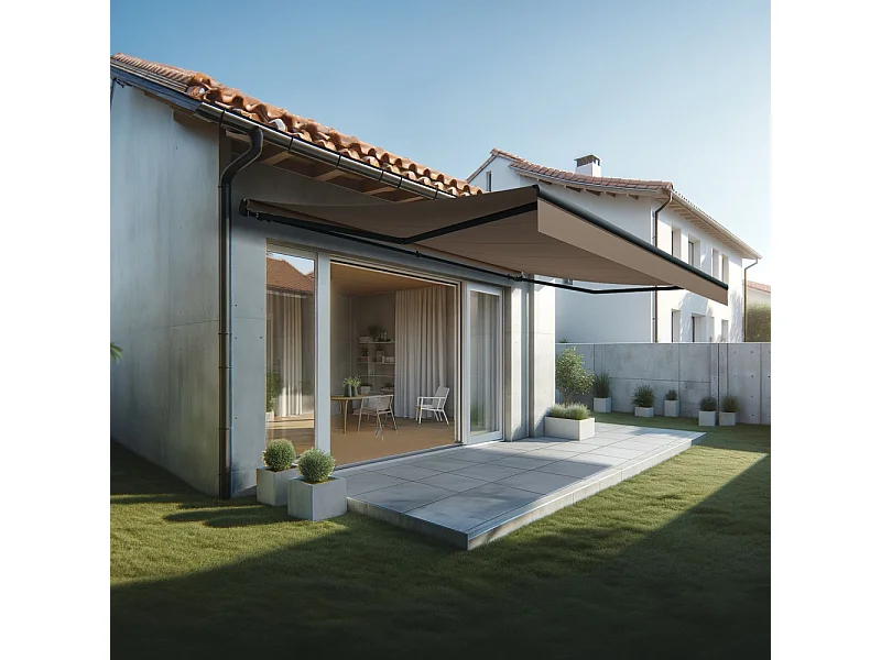 Store banne monobloc ESPAI 6,00x3,50m (Manuelle - Taupe - Gris anthracite)
