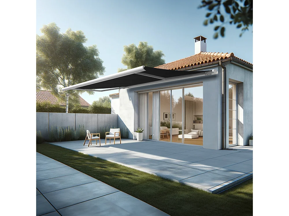 Store banne coffre MEEL 5,00x3,00m (Motorisé Secours à Télécommande + LED - Noir - Blanc)