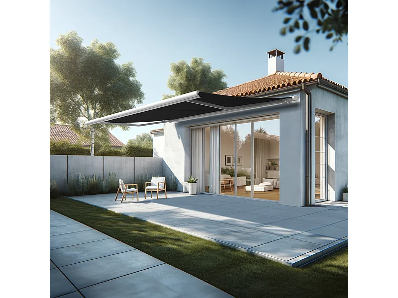 Store banne coffre MEEL 5,00x3,00m (Motorisé Secours à Télécommande + LED - Noir - Blanc)