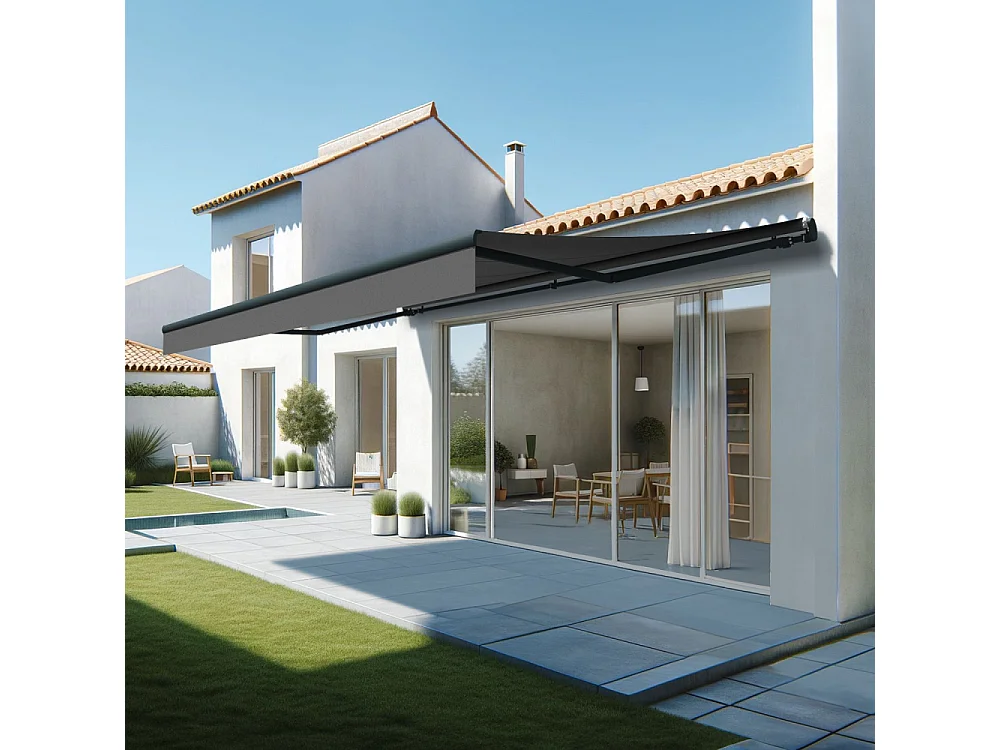 Store banne monobloc ESPAI 6,00x3,00m (Motorisé à télécommande + manœuvre de secours - Gris Graphite - Gris anthracite)