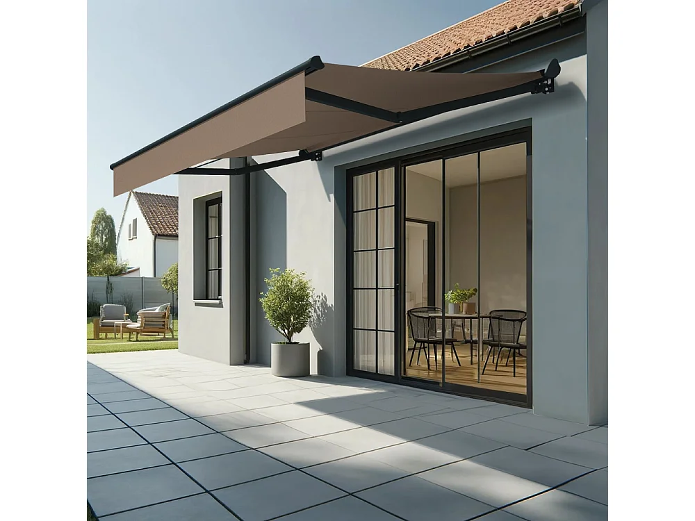 Store banne semi-coffre SARARI 3,00x2,00m (Motorisé à interrupteur + manœuvre de secours - Taupe - Gris anthracite)