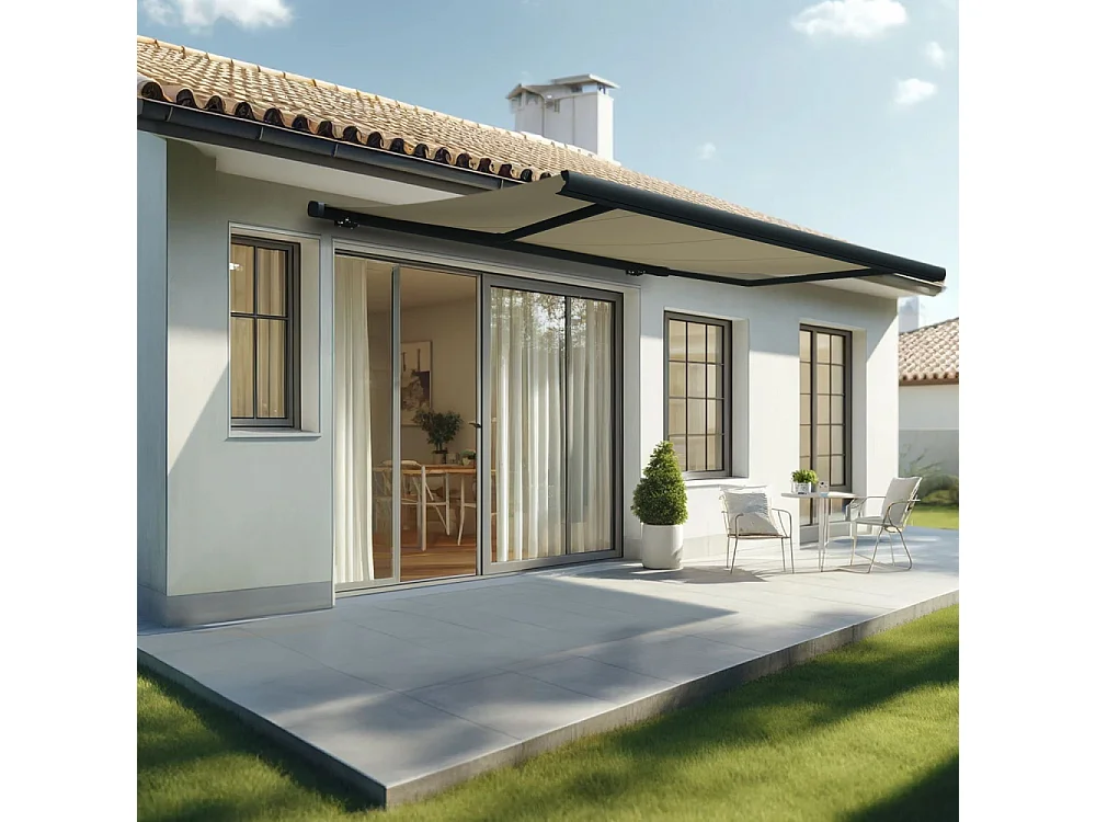 Store banne coffre MEEL 4,00x3,00m (Motorisé à télécommande + manœuvre de secours - Ecru - Gris anthracite)