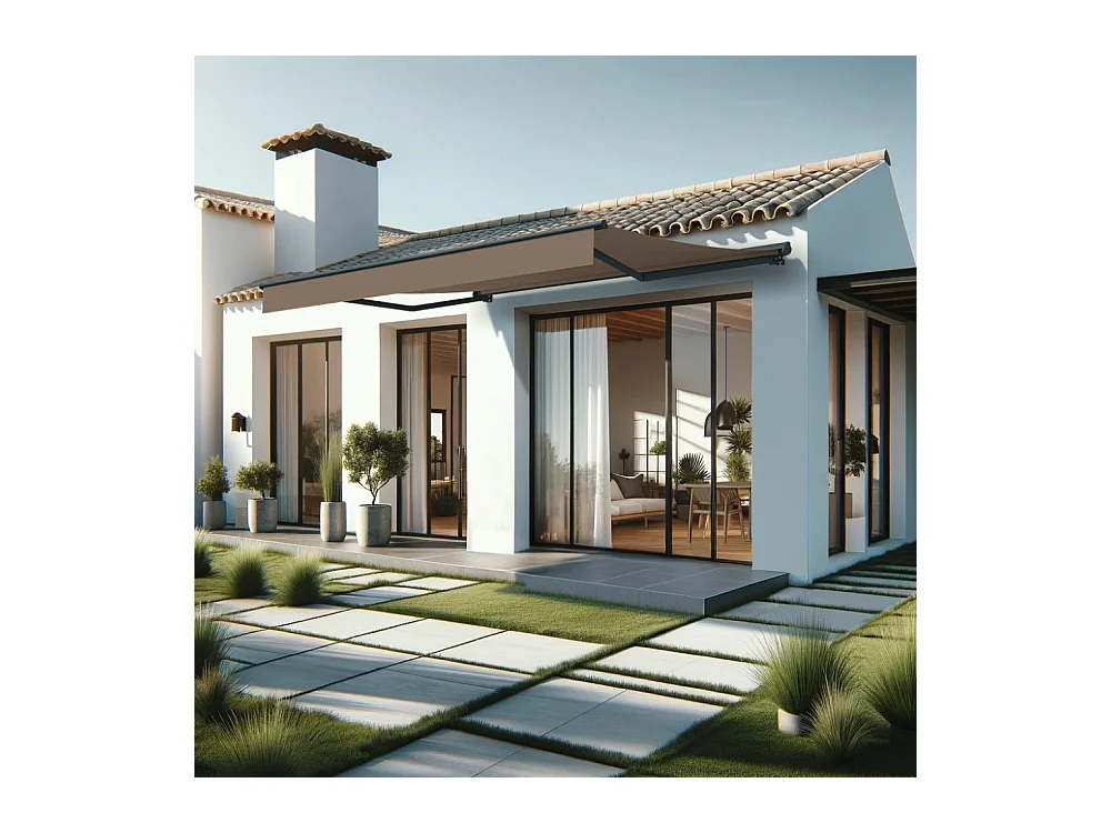 Store banne semi-coffre SARARI 4,00x3,00m (Motorisé à interrupteur + manœuvre de secours - Taupe - Gris anthracite)