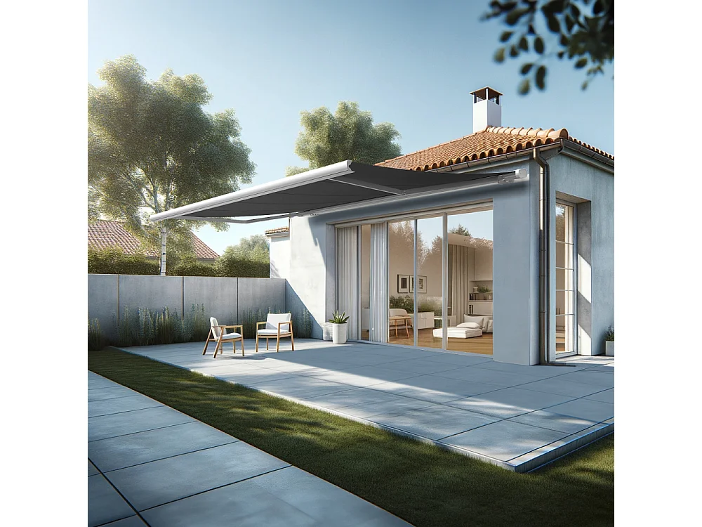 Store banne coffre MEEL 5,00x3,00m (Motorisé à interrupteur + manœuvre de secours - Gris Graphite - Blanc)