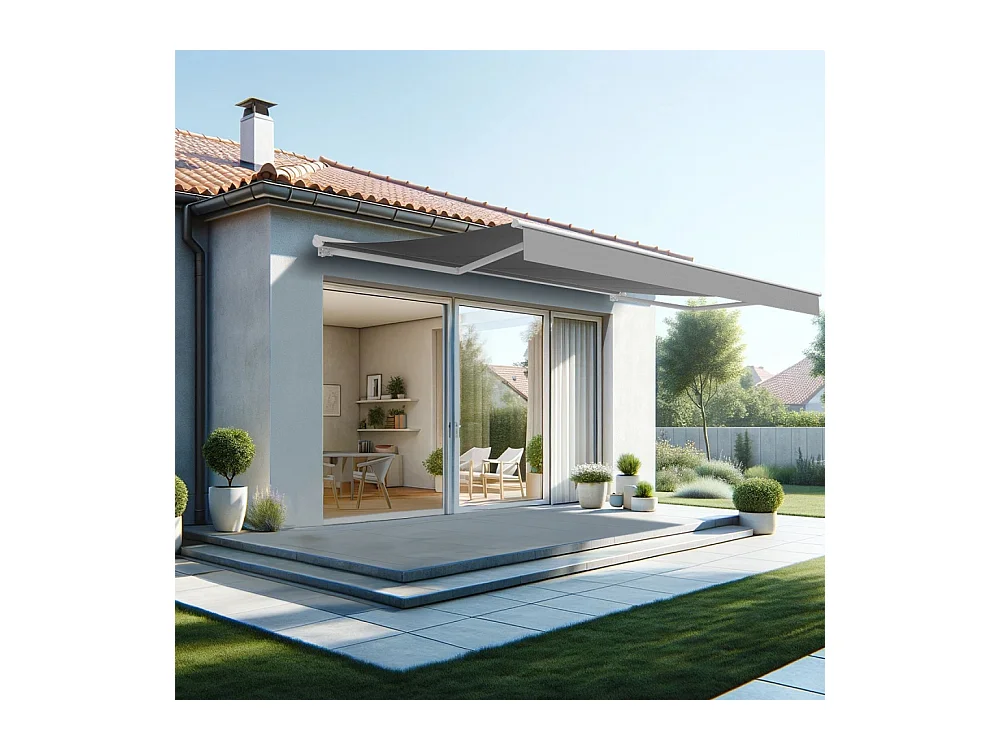 Store banne semi-coffre SARARI 5,00x3,00m (Motorisé à télécommande + manœuvre de secours - Gris Graphite - Blanc)