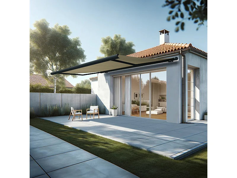 Store banne coffre MEEL 5,00x3,00m (Motorisé à télécommande + manœuvre de secours - Ecru - Gris anthracite)