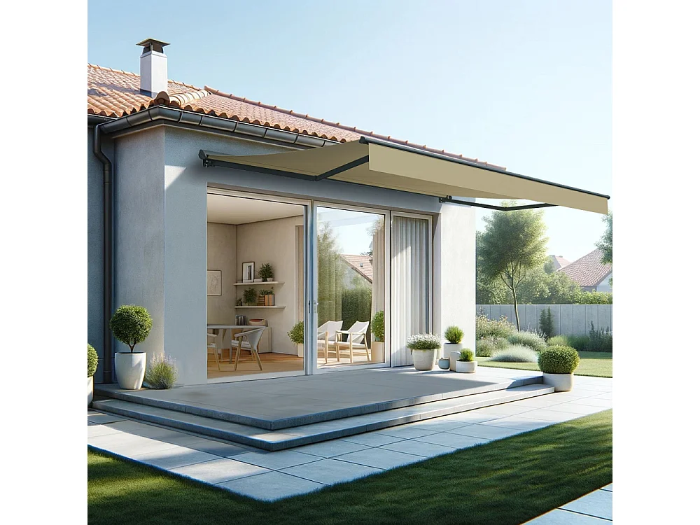 Store banne semi-coffre SARARI 5,00x3,00m (Manuelle - Ecru - Gris anthracite)